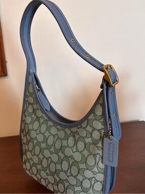 Vintage style small shoulder purse, Coach logo canvas print genuine leather bag